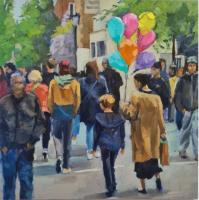 'Balloons on Portobello Road', Image size 13cm x 13cm, mounted 27.5cm x 27cm  