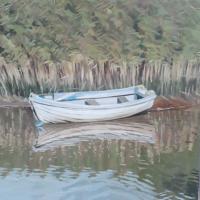 'White Boat and Reeds',  Oil on board,  20cm x 20cm