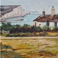 'That Cottage by the Sea', Oil on board, 20cm x 20cm, Available from British Contemporary Art - see link on home page