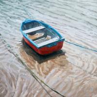 'Little Red Boat', Image size 13cm x 13cm, mounted 27.5cm x 27cm  