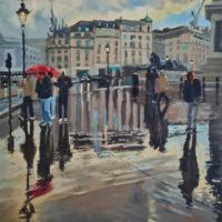 'Rain, Trafalgar Square', Oil on board, 25cm x 25cm