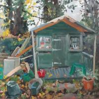 'The Green Shed', Oil on board, 20cm x 20cm, Framed 30cm x 30cm 