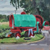 'Bow Top Wagons', Oil on board, 20cm x 20cm, Framed 30cm x 30cm 