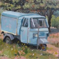 The Blue Piaggio, Oil on board, 20cm x 20cm