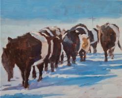'Winter Cattle', Oil on board, 20cm x 25cm