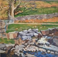 'Stream and Stone Wall', Oil on board, 20cm x 20cm, Available from British Contemporary Art - see link on home page
