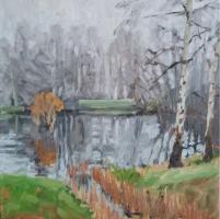 'Mist and Birch', Oil on board, 20cm x 20cm