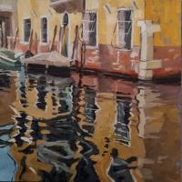 'Canal Reflections', Oil on board, 20cm x 20cm,  Available from British Contemporary Art - see link on home page