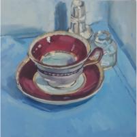 'Ruby Tea Cup', Oil on board, 20cm x 20cm