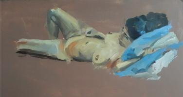 'Female Nude 09April2018',  Oil on board,  14cm x 28cm