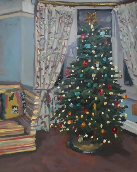 'The Reading Chair & the Christmas Tree', Oil on board, 25cm x 20cm