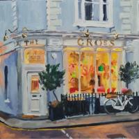'Sale at The Cross', Oil on board, image size 20cm x 20cm, mounted 35cm x 34cm, 