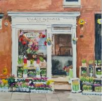 'Village Flowers', image size 20cm x 20cm, mounted 35cm x 35cm, 